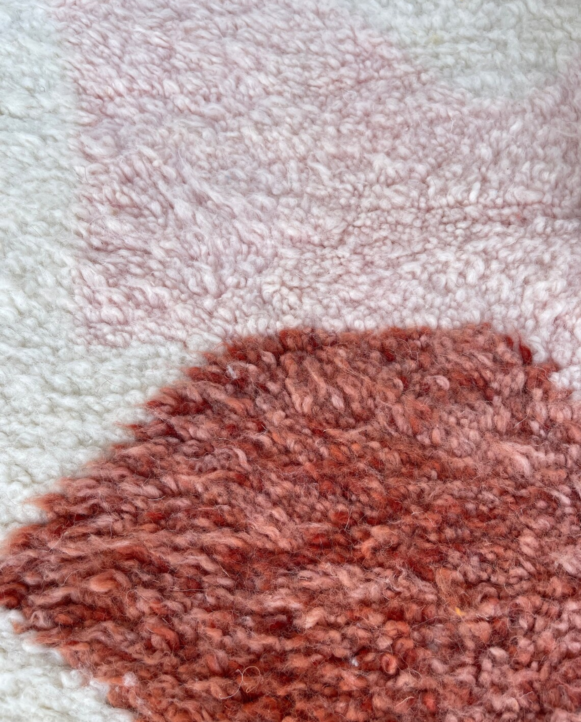 SABRINA Azilal cream abstract color block Moroccan rug close-up showing hand-knotted wool texture and pile detail, by NURA