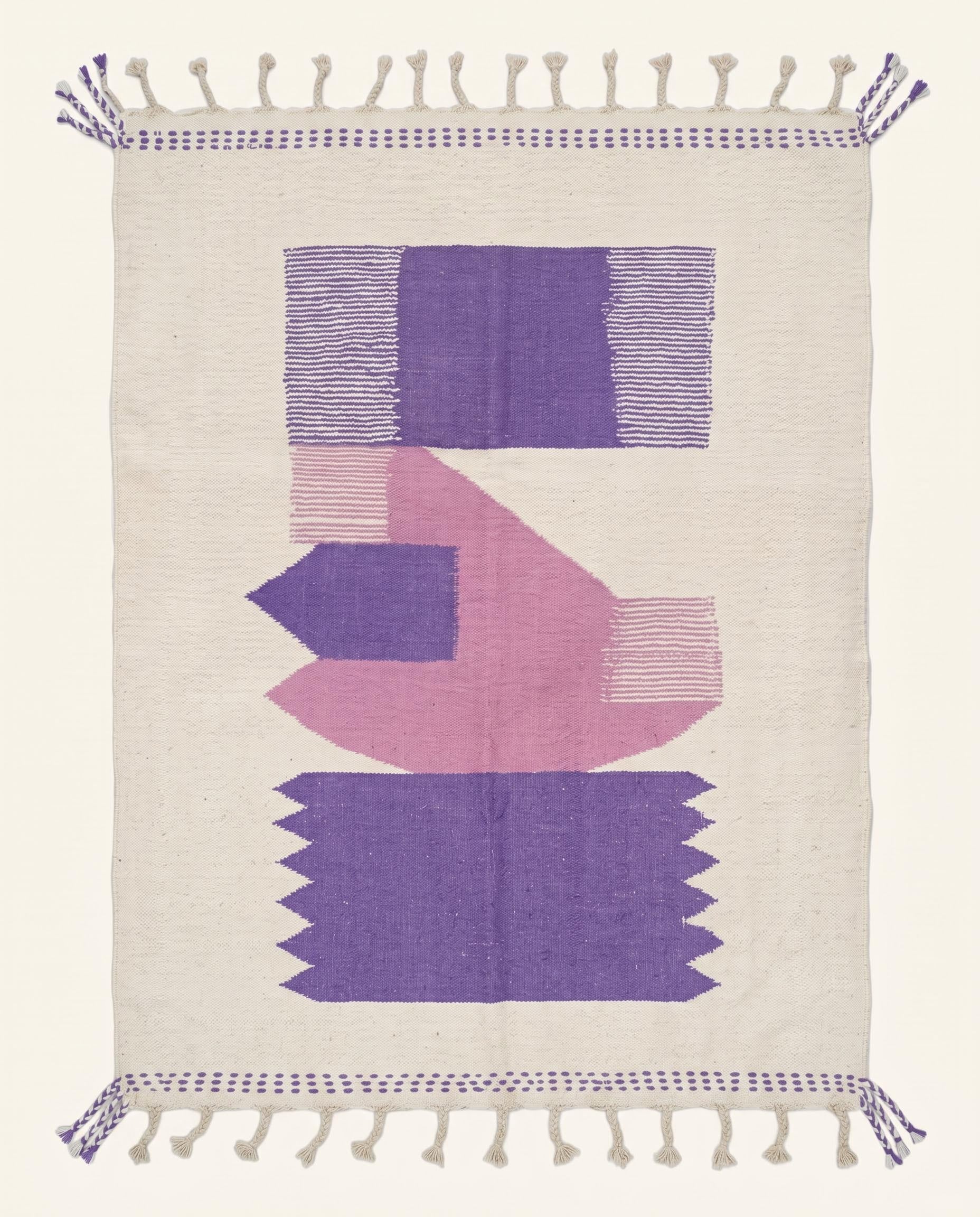 A modern Moroccan flatweave rug featuring bold purple and pink color block shapes on a cream wool background by NURA.