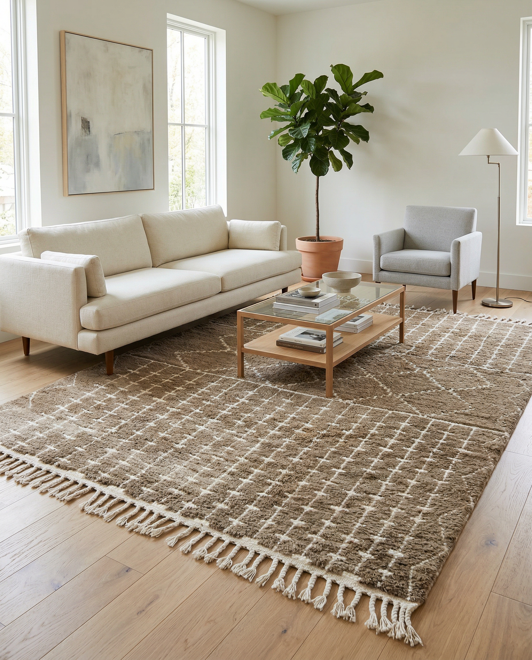 Taupe panelled geometric Moroccan rug in a bright modern room with a yellow textured wall and a dark planter, by NURA.
