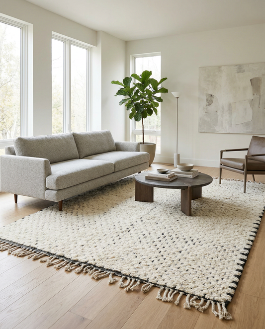 Plush cream Beni Ourain Moroccan rug with black dashed lines styled in a modern living room with a grey sofa, by NURA.