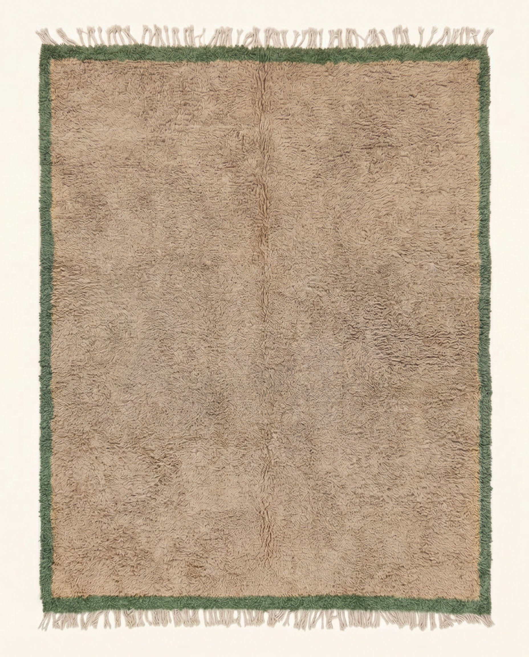 A plush Moroccan wool rug featuring a solid beige field framed by an earthy sage green border, hand-knotted by NURA.