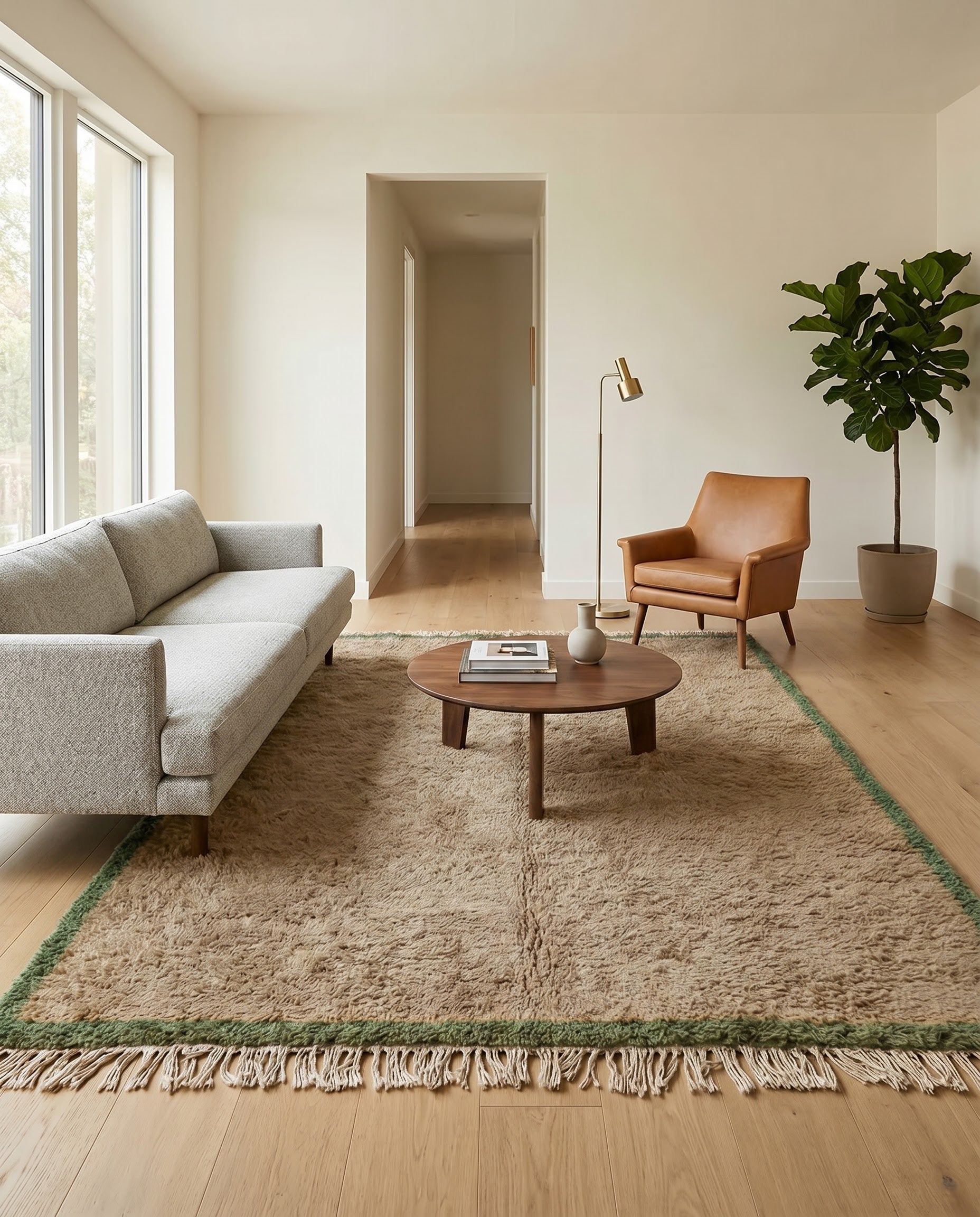 A bordered beige and sage green Moroccan rug by NURA styled in a modern living room with a grey sofa and leather chair.