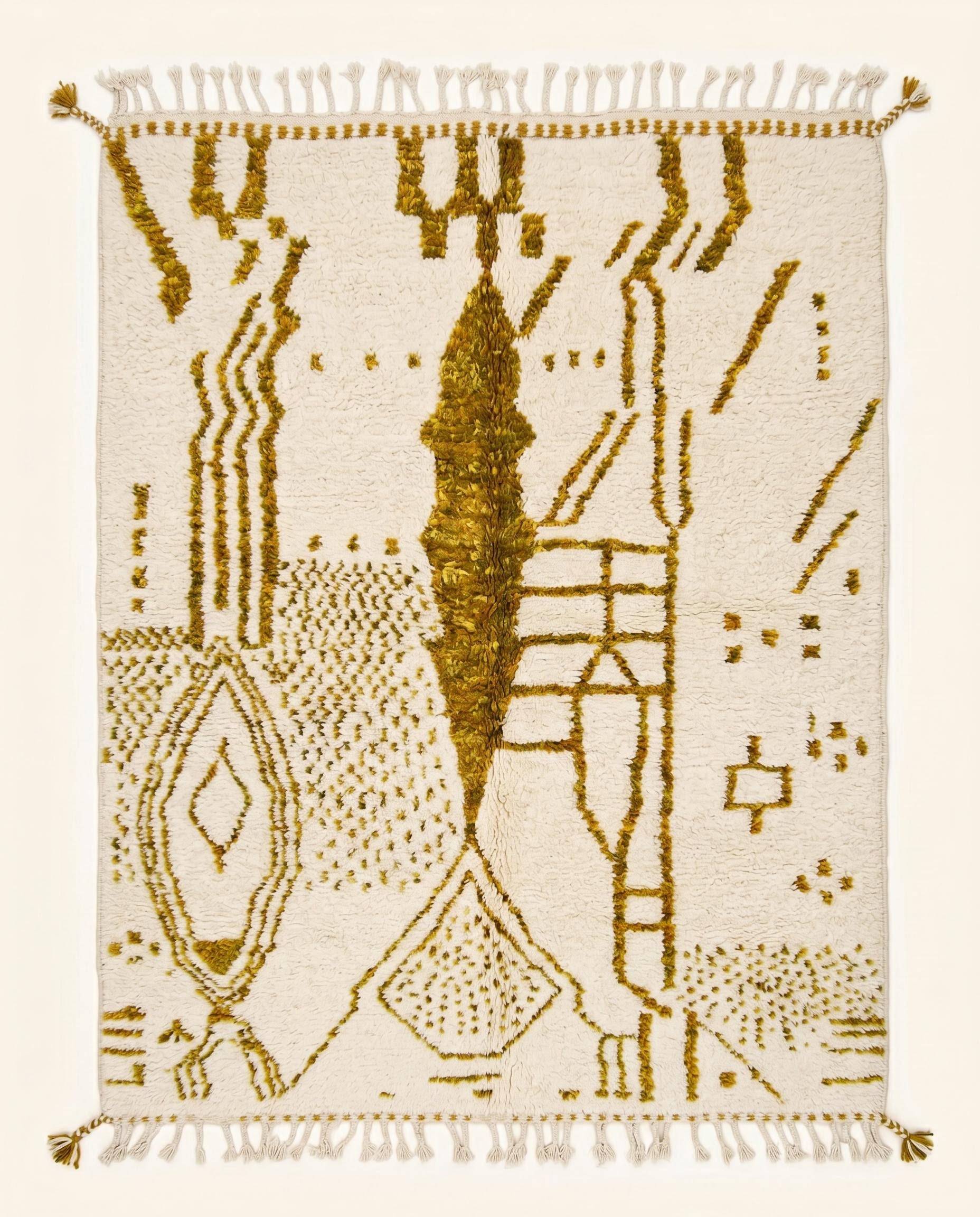 Plush Moroccan Beni Ourain rug by NURA featuring an abstract mustard yellow tribal pattern on a thick cream wool base.