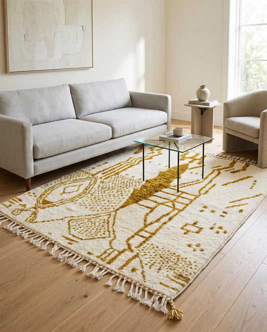Thick cream and mustard abstract Moroccan wool rug by NURA styled in a warm, eclectic living room with natural light.