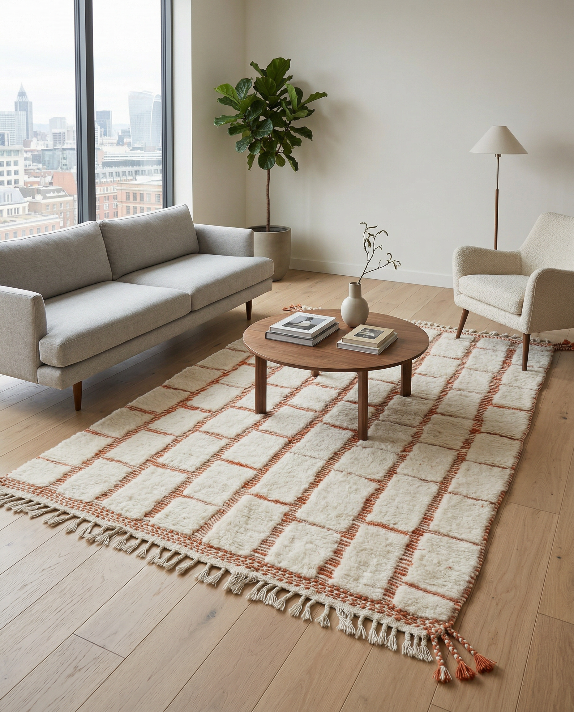 Ivory and terracotta checker grid Moroccan rug in a rustic room setting with a woven chair and textured walls, by NURA.