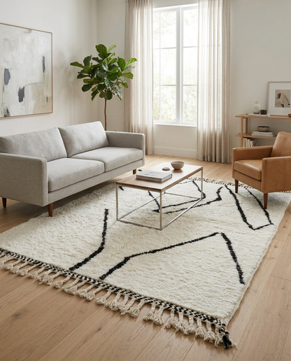 Plush ivory and black Beni Ourain Moroccan rug with large diamond motifs in a rustic room setting, by NURA.
