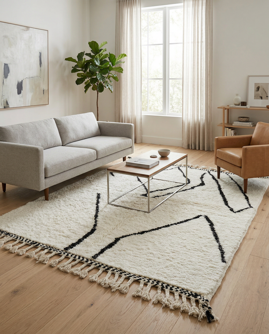 Plush ivory and black Beni Ourain Moroccan rug with large diamond motifs in a rustic room setting, by NURA.