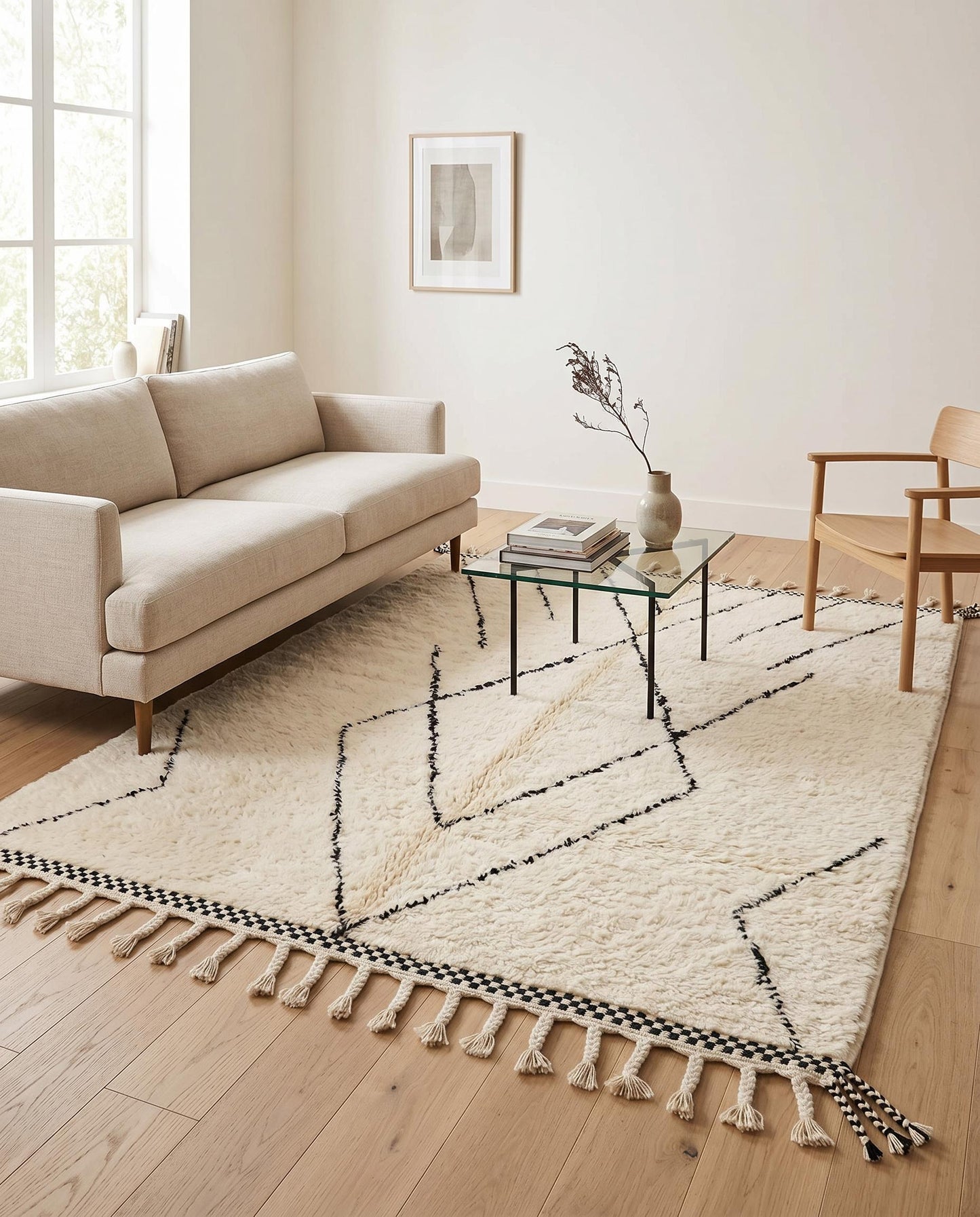 A plush cream Beni Ourain Moroccan rug with a black diamond lattice styled in a bright, modern living room by NURA.