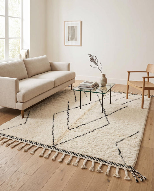 A plush cream Beni Ourain Moroccan rug with a black diamond lattice styled in a bright, modern living room by NURA.