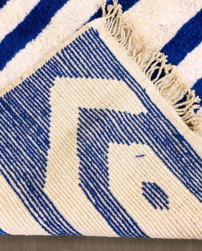 SAMIA Beni Ourain navy graphic arrow bands Moroccan rug back view showing traditional handwoven construction, by NURA