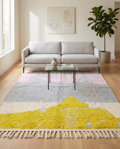 A modern living room styled with a plush Azilal Moroccan rug by NURA, showing bold yellow and pink color blocks on a grey field.
