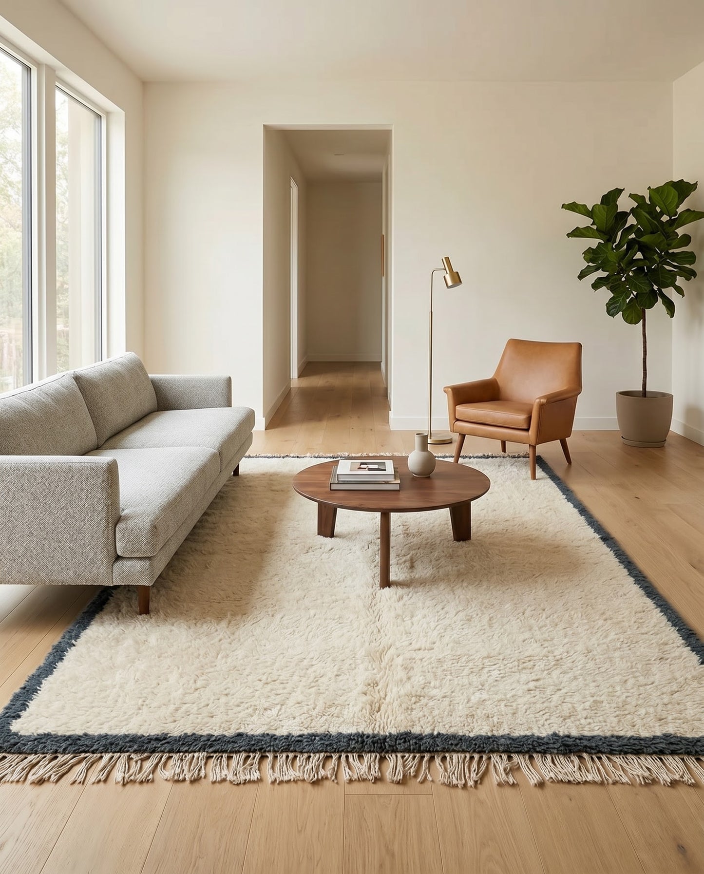 A minimalist cream and charcoal bordered Moroccan rug by NURA, styled in a modern living room with a grey sofa and leather chair.