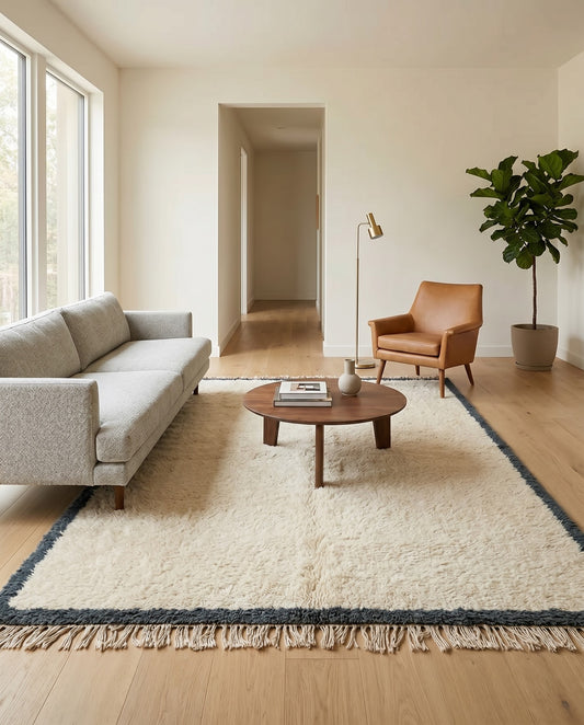 A minimalist cream and charcoal bordered Moroccan rug by NURA, styled in a modern living room with a grey sofa and leather chair.