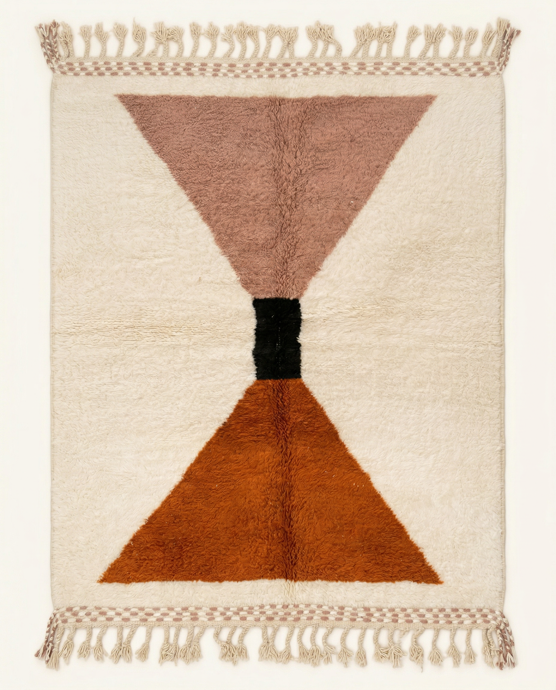 Plush cream Beni Ourain Moroccan rug with a bold geometric hourglass motif in terracotta and black, by NURA.