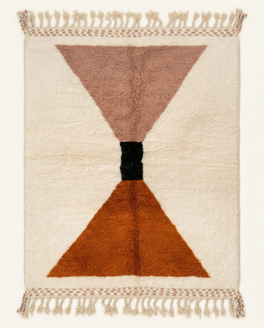 Plush cream Beni Ourain Moroccan rug with a bold geometric hourglass motif in terracotta and black, by NURA.