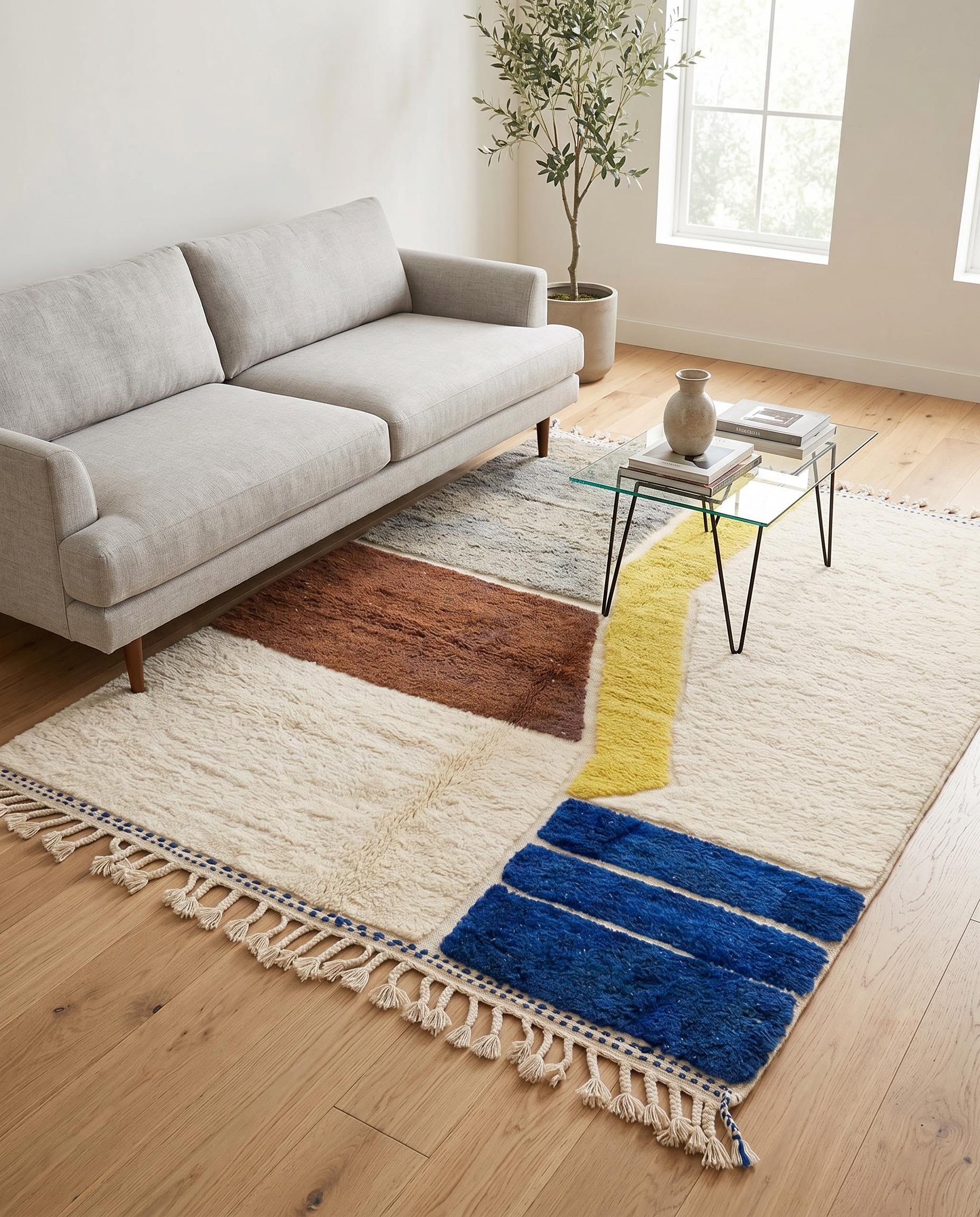 A modern abstract color block Moroccan rug by NURA styled in a bright contemporary living room, adding vibrant artistic energy.