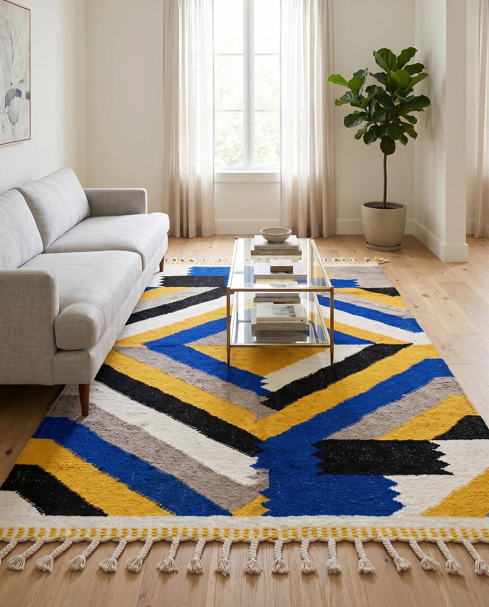 A vibrant mustard and cobalt blue geometric Moroccan flatweave rug by NURA styled in a modern, brightly lit living room.