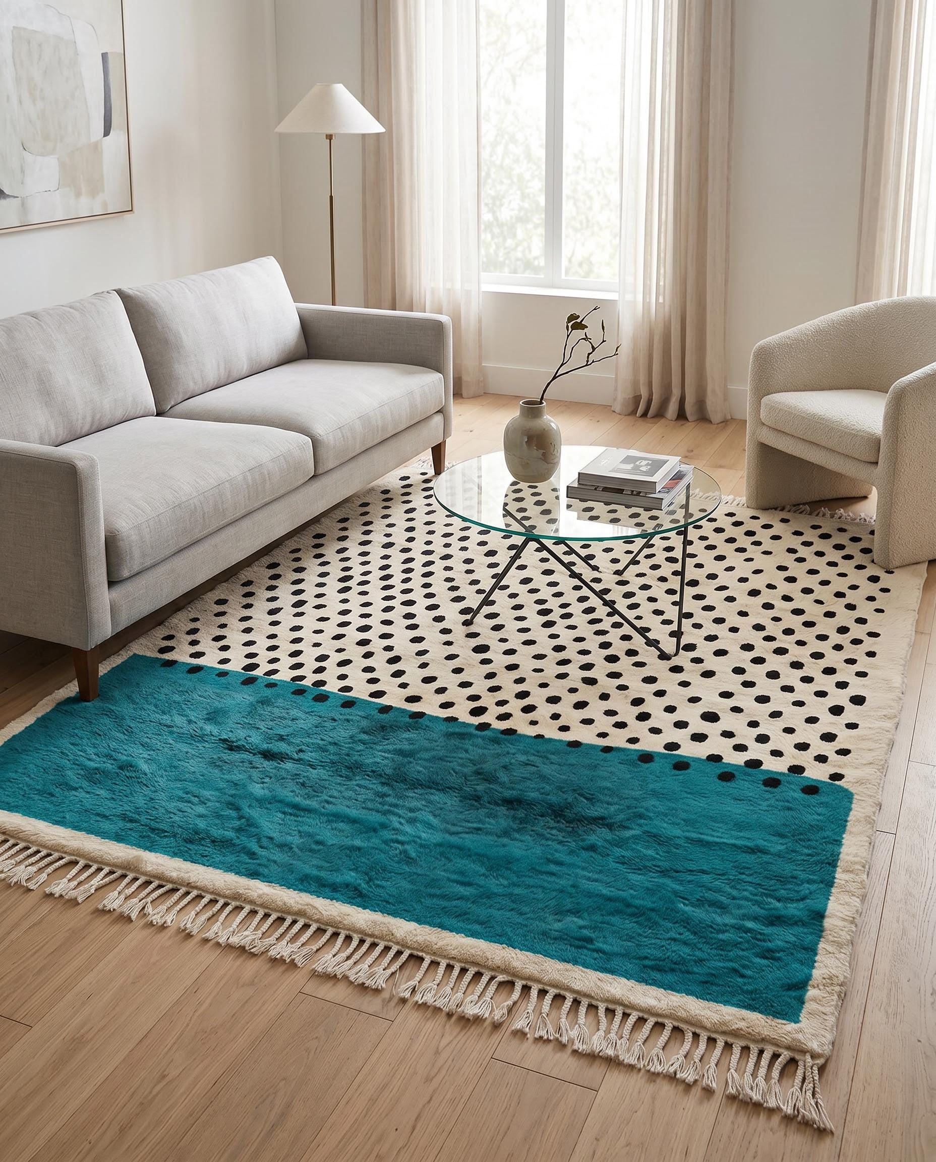 A plush Moroccan rug with a teal color block and black polka dots styled in a modern living room with natural light, by NURA.