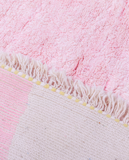 SILYA Azilal pink abstract color block Moroccan rug back view showing traditional handwoven construction, by NURA