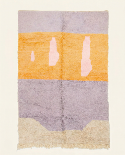 Plush lilac and orange Azilal Moroccan rug with bold abstract color blocks and organic pink shapes, by NURA.