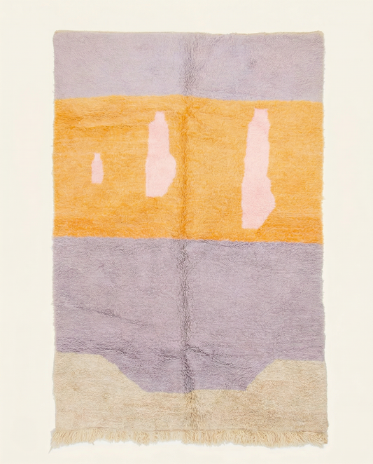 Plush lilac and orange Azilal Moroccan rug with bold abstract color blocks and organic pink shapes, by NURA.