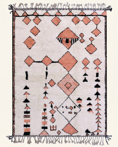 Plush cream Azilal Moroccan rug with scattered peach and black floating motifs and a thick high pile, by NURA.