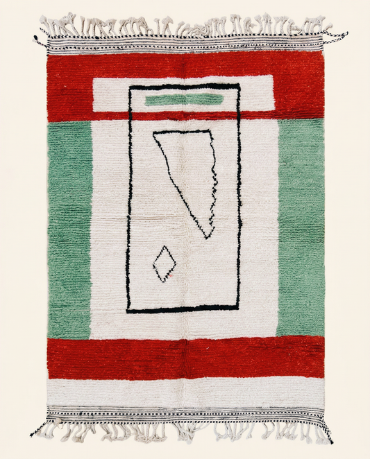 Plush cream Azilal Moroccan rug with bold red and green color blocks and a large abstract black motif, by NURA.