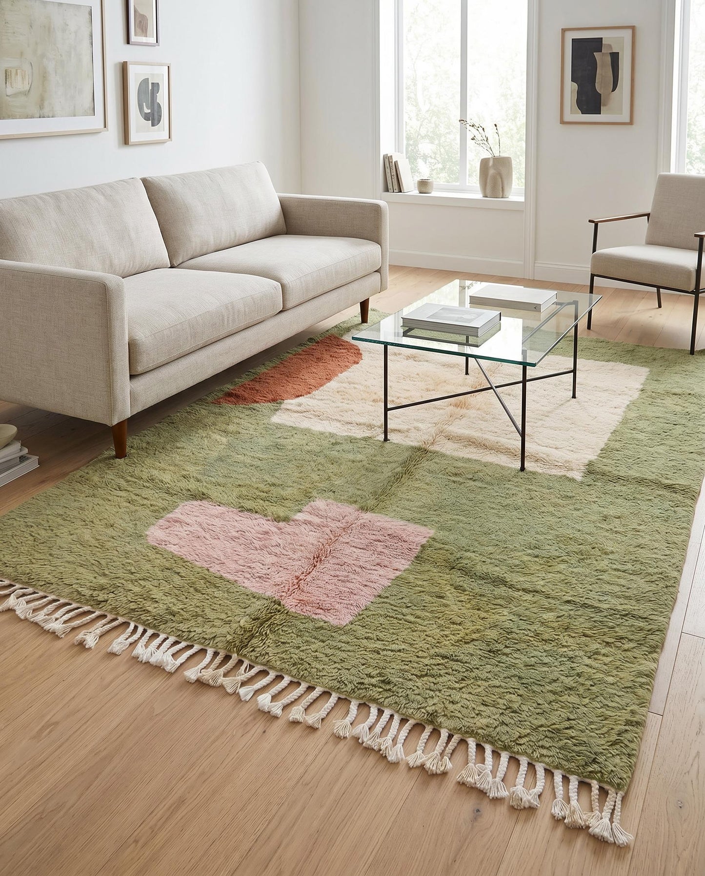 A modern living room styled with a plush sage green Moroccan rug featuring abstract cream, rust, and blush color blocks by NURA.