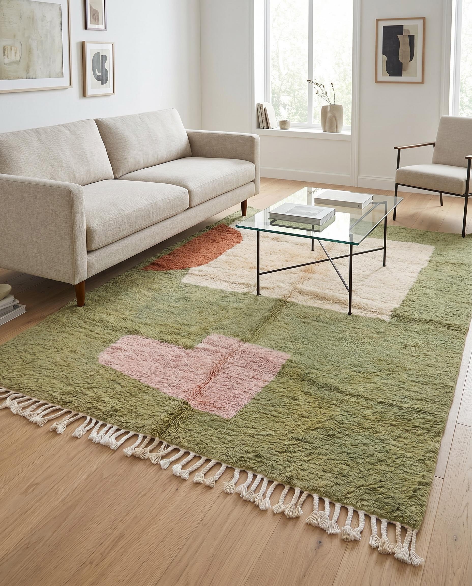 A modern living room styled with a plush sage green Moroccan rug featuring abstract cream, rust, and blush color blocks by NURA.