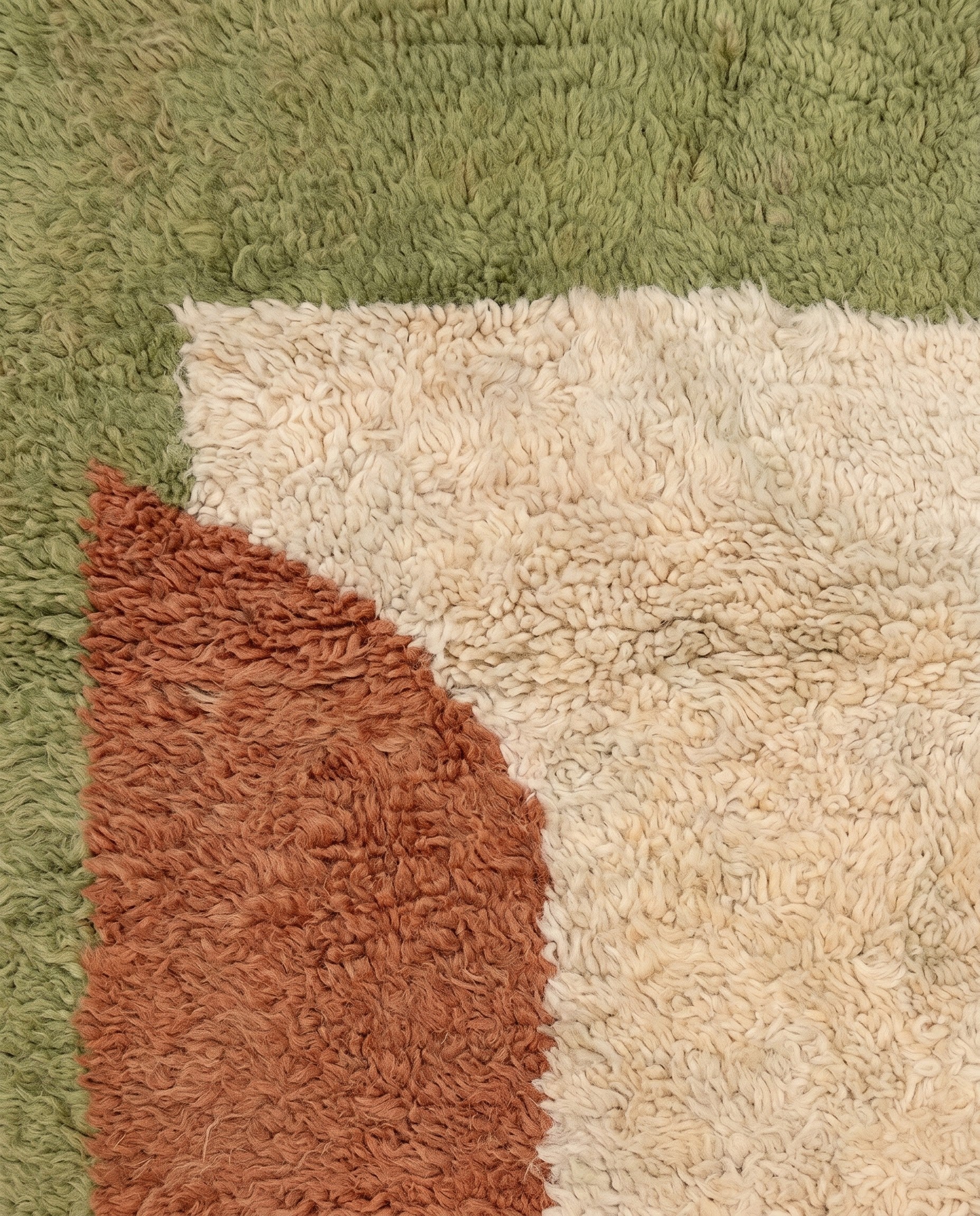 SOULEF Azilal sage color block Moroccan rug close-up showing hand-knotted wool texture and pile detail, by NURA