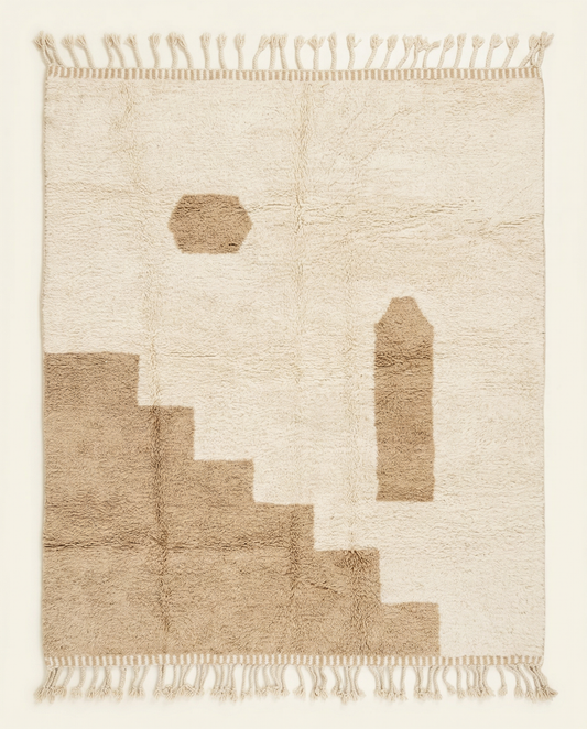 Plush cream Beni Ourain Moroccan rug with large abstract stepped blocks in warm camel and a thick high pile, by NURA.