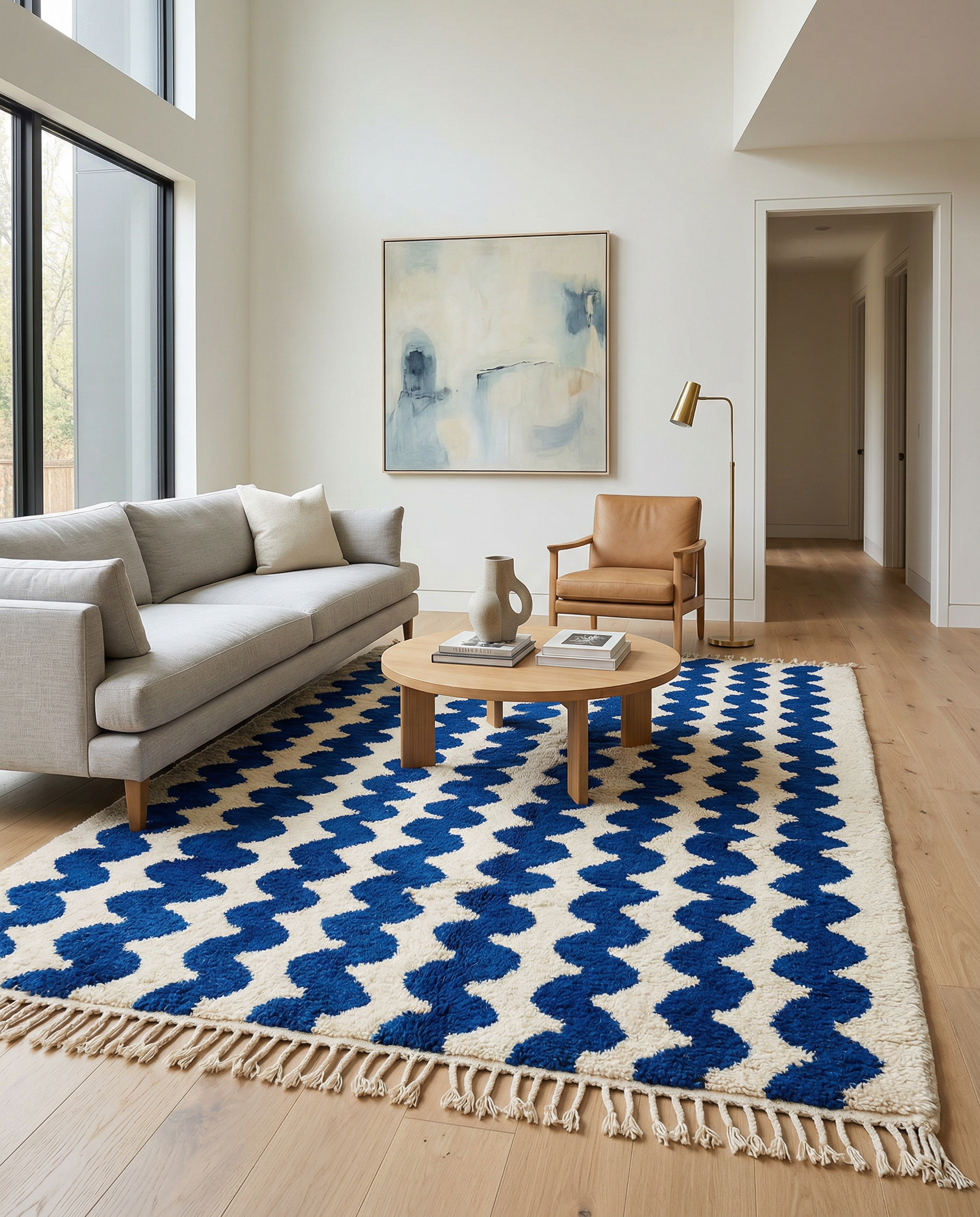 Bold cobalt blue and cream wavy striped Moroccan rug displayed vertically against a bright yellow textured wall, by NURA.