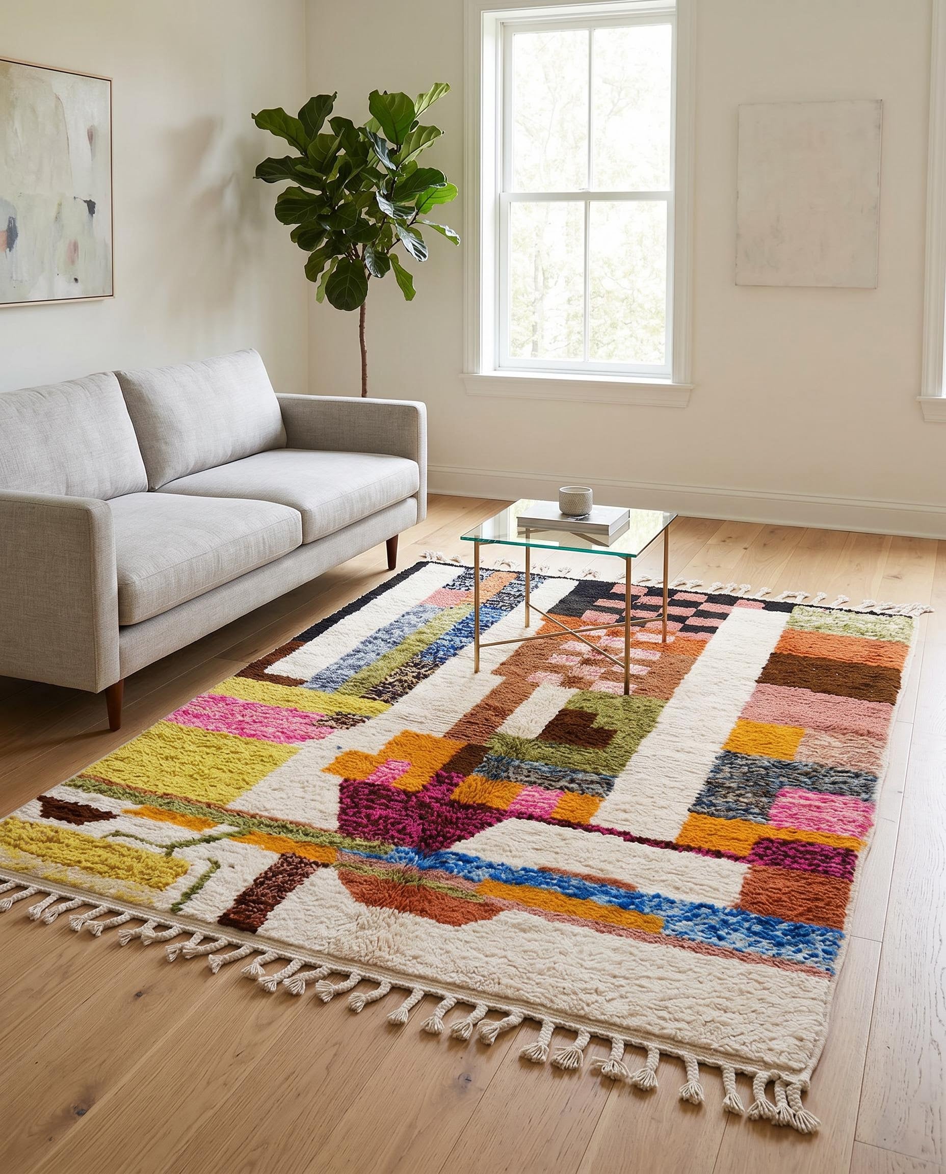 The STERA abstract color block Moroccan rug styled in a bright contemporary living room, adding vibrant warmth and plush texture, by NURA.