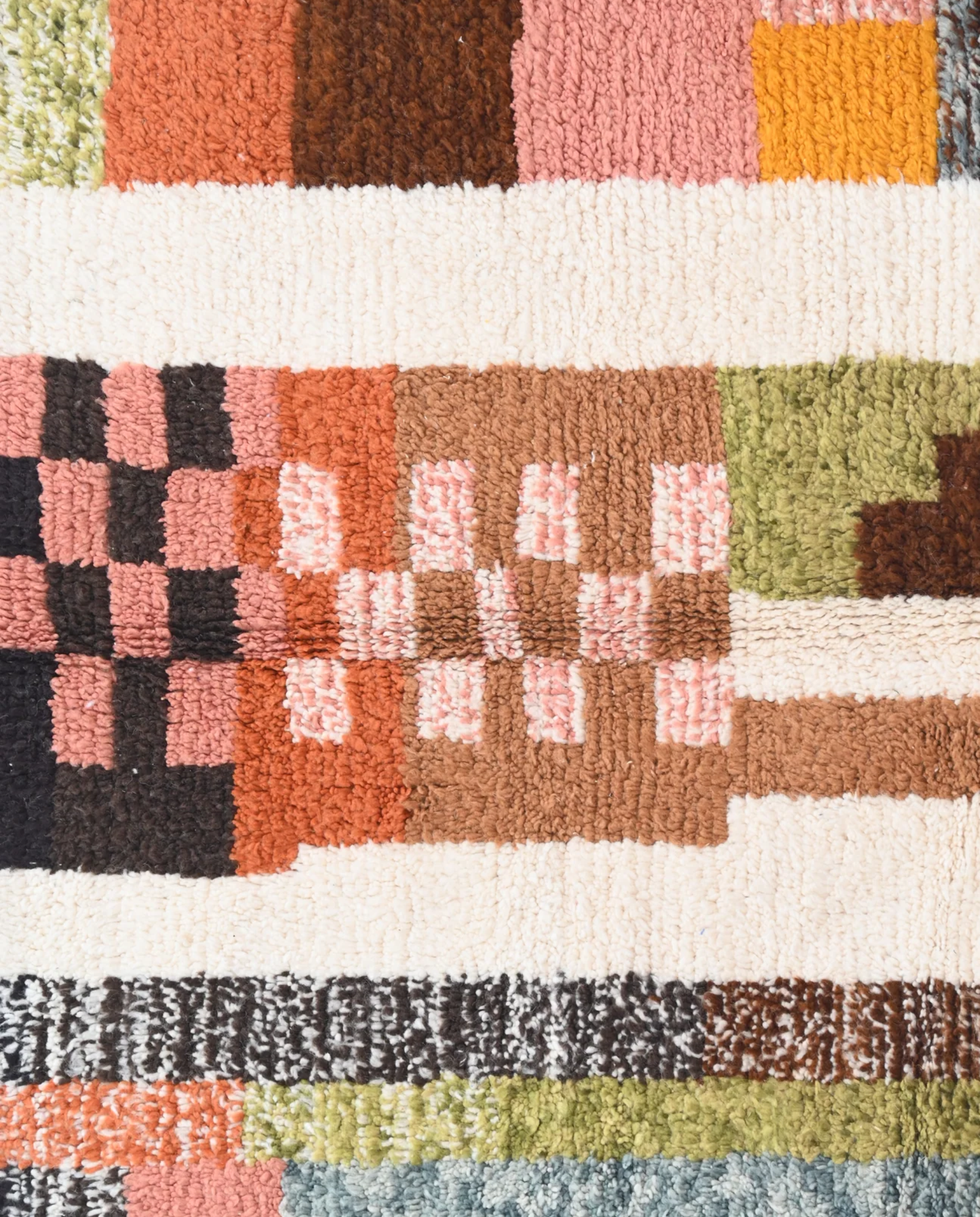 STERA Azilal cream abstract color block Moroccan rug close-up showing hand-knotted wool texture and pile detail 1, by NURA