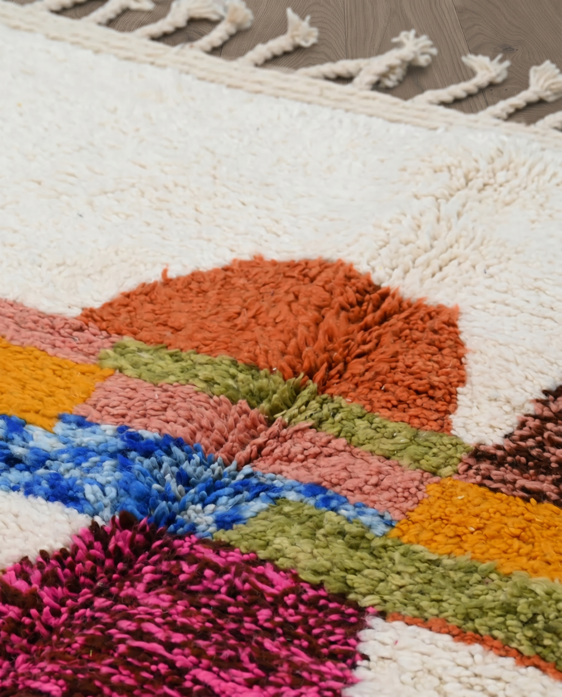 STERA Azilal cream abstract color block Moroccan rug close-up showing hand-knotted wool texture and pile detail 3, by NURA
