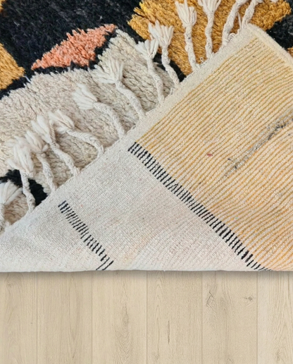 TALA Boujad mustard abstract color block Moroccan rug back view showing traditional handwoven construction, by NURA