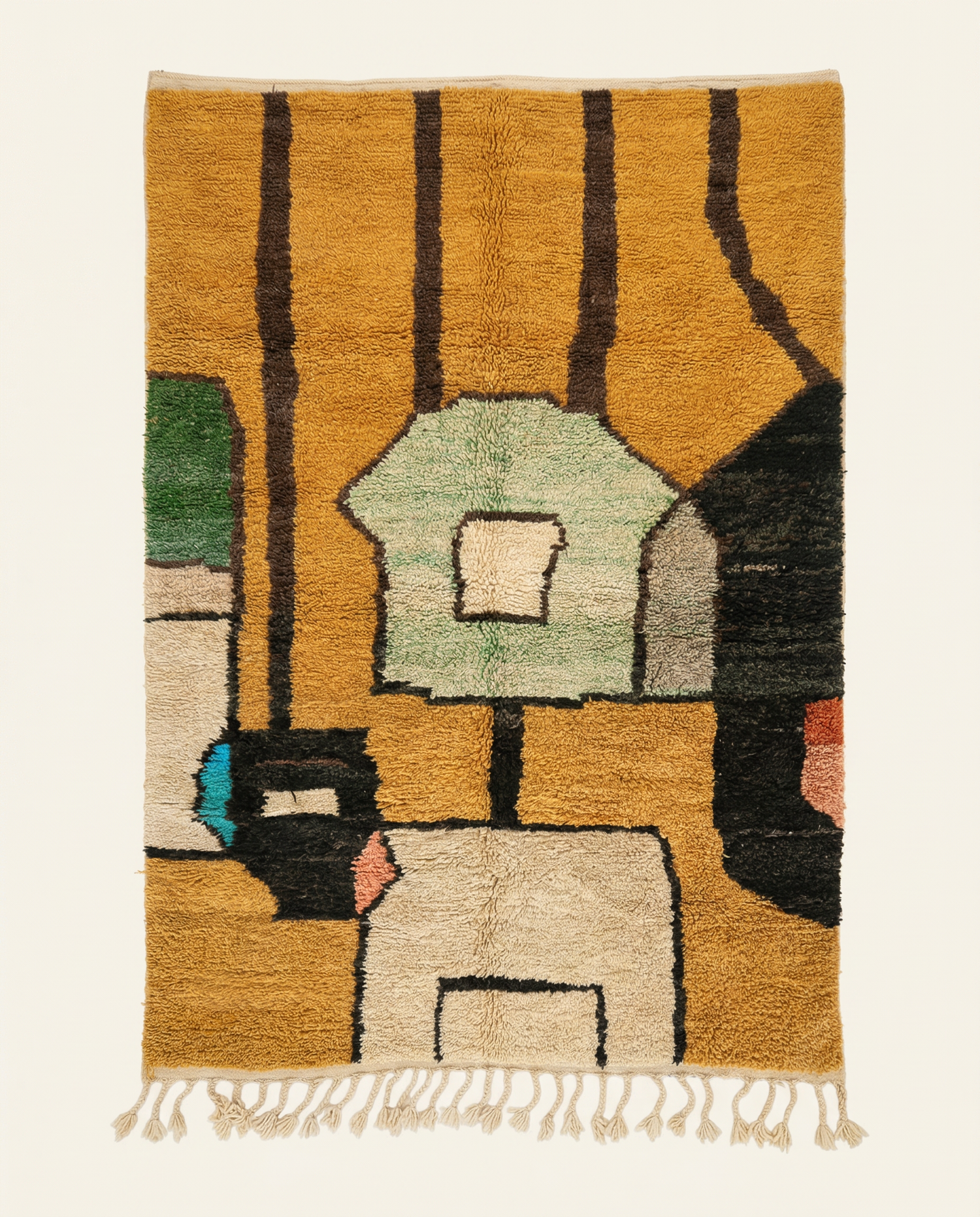 Plush mustard yellow Boujad Moroccan rug with bold black abstract color blocks and a high pile, by NURA.