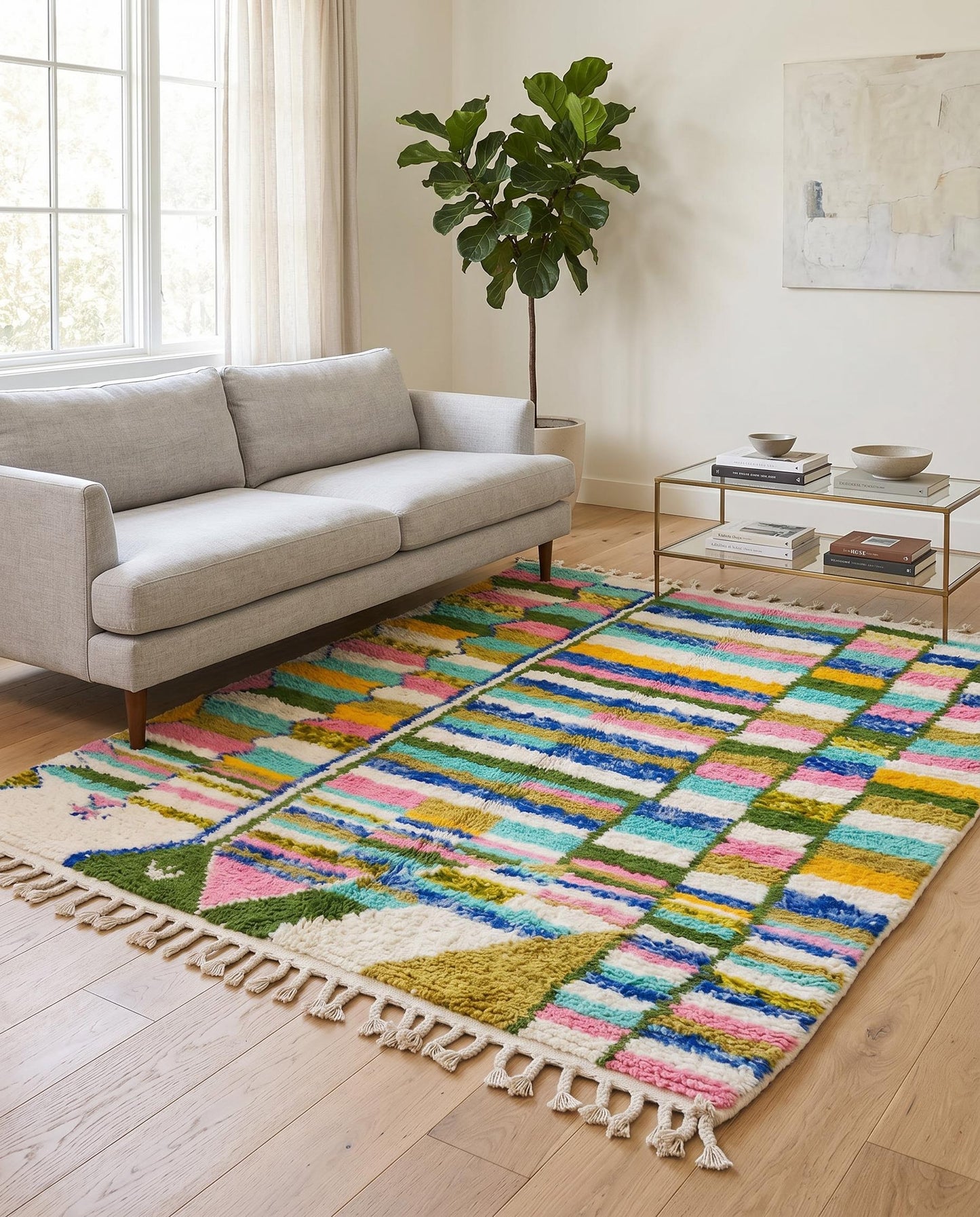 A colorful Azilal Moroccan rug by NURA with a vibrant checker grid pattern, styled on a floor with a woven leather chair.