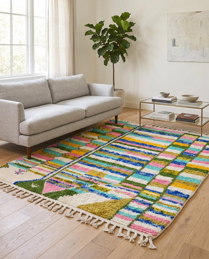 A colorful Azilal Moroccan rug by NURA with a vibrant checker grid pattern, styled on a floor with a woven leather chair.
