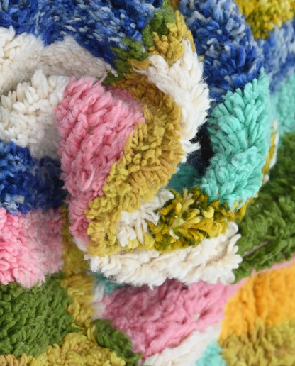 TASNIM Azilal cream checker grid Moroccan rug close-up showing hand-knotted wool texture and pile detail 2, by NURA