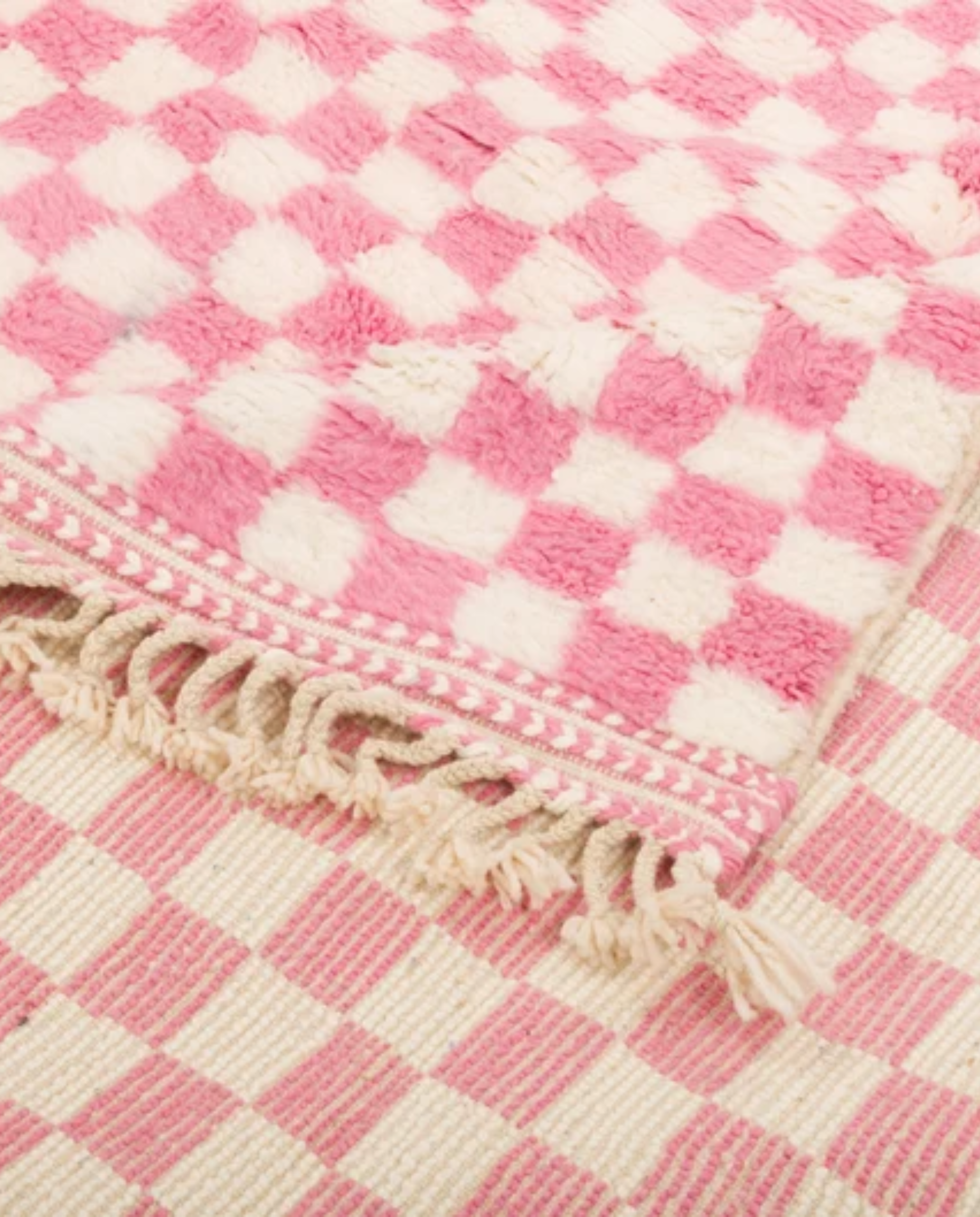 WARDA Beni Ourain pink checker grid Moroccan rug back view showing traditional handwoven construction, by NURA