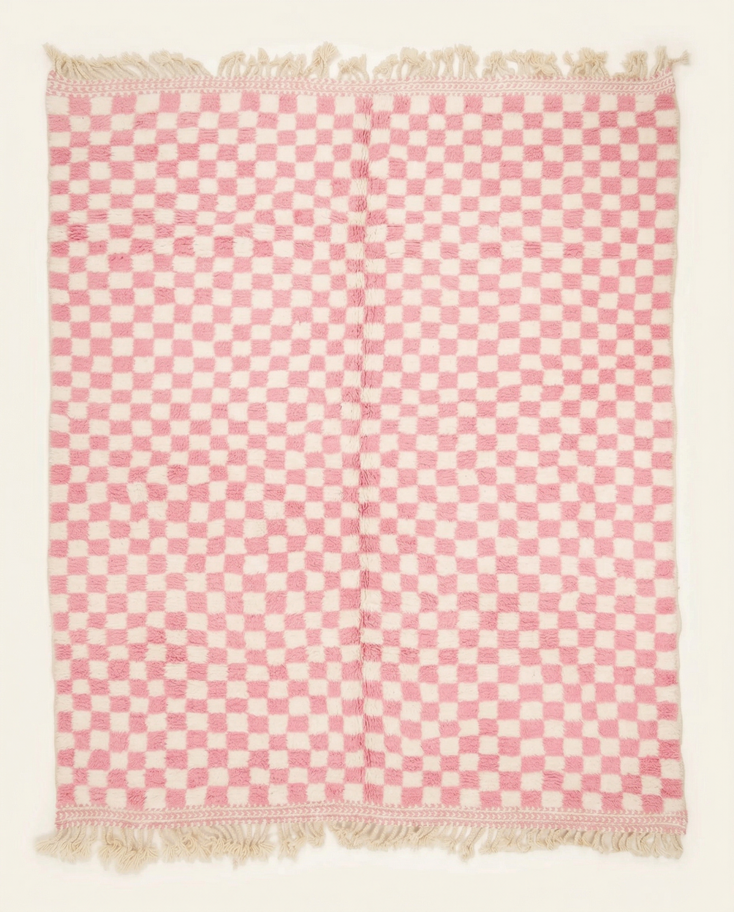 Plush pink and ivory Beni Ourain Moroccan rug with a bold checkerboard pattern and thick high pile, by NURA.