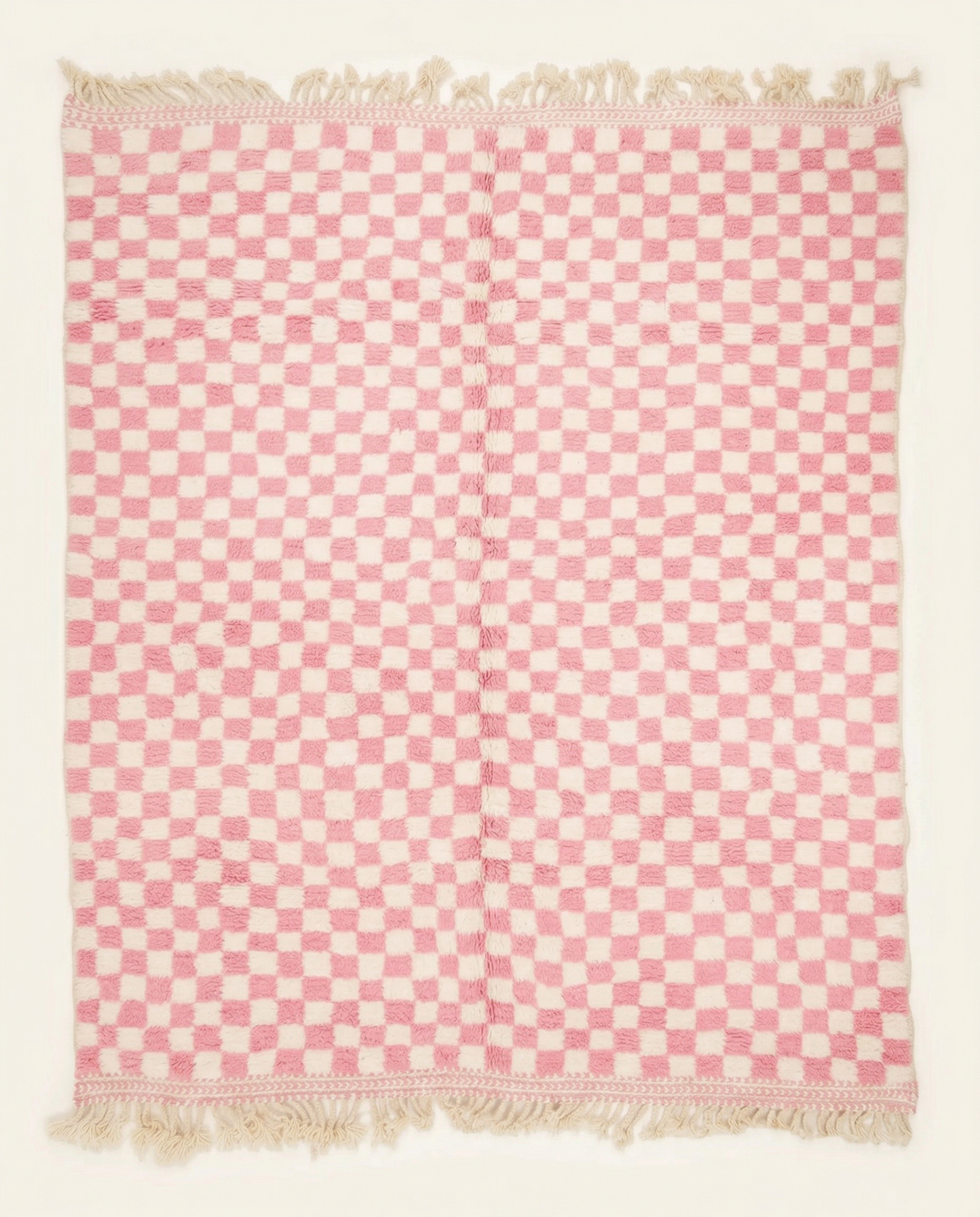 Plush pink and ivory Beni Ourain Moroccan rug with a bold checkerboard pattern and thick high pile, by NURA.