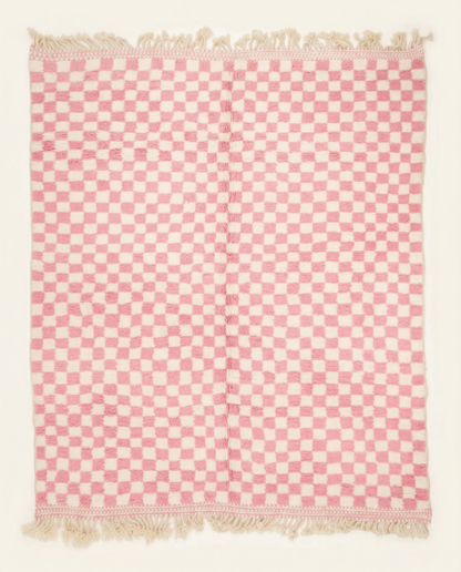 Plush pink and ivory Beni Ourain Moroccan rug with a bold checkerboard pattern and thick high pile, by NURA.
