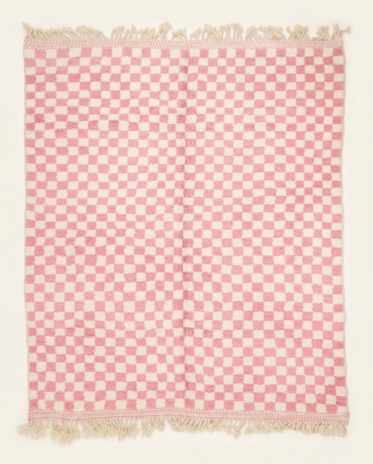 Plush pink and ivory Beni Ourain Moroccan rug with a bold checkerboard pattern and thick high pile, by NURA.