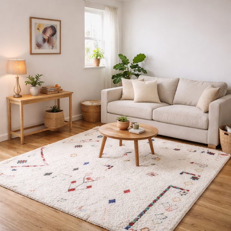 White Moroccan wool rug with small colorful Berber motifs styled in a bright minimal living room with a cream sofa, round wood coffee table, plants, and natural wood flooring.