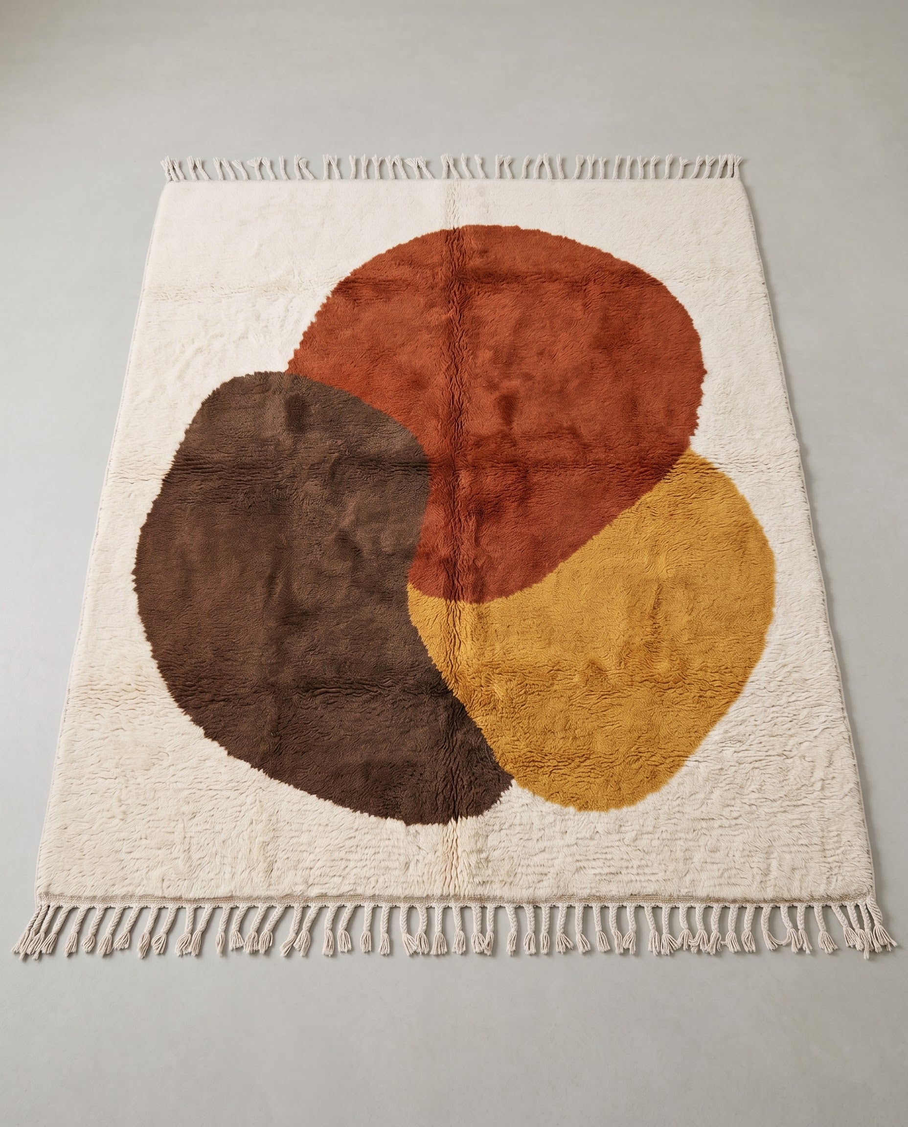 WIAM Beni Ourain cream organic abstract Moroccan rug displayed on a parquet wood floor, showing full fringe and edge detail, by NURA