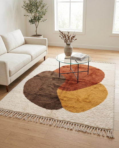 The same abstract Beni Ourain Moroccan rug styled in a modern living room, adding warm rust and mustard tones to the space.