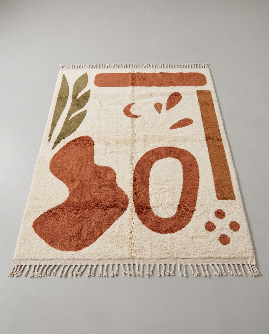 WIDAD Azilal cream organic abstract Moroccan rug displayed on a parquet wood floor, showing full fringe and edge detail, by NURA