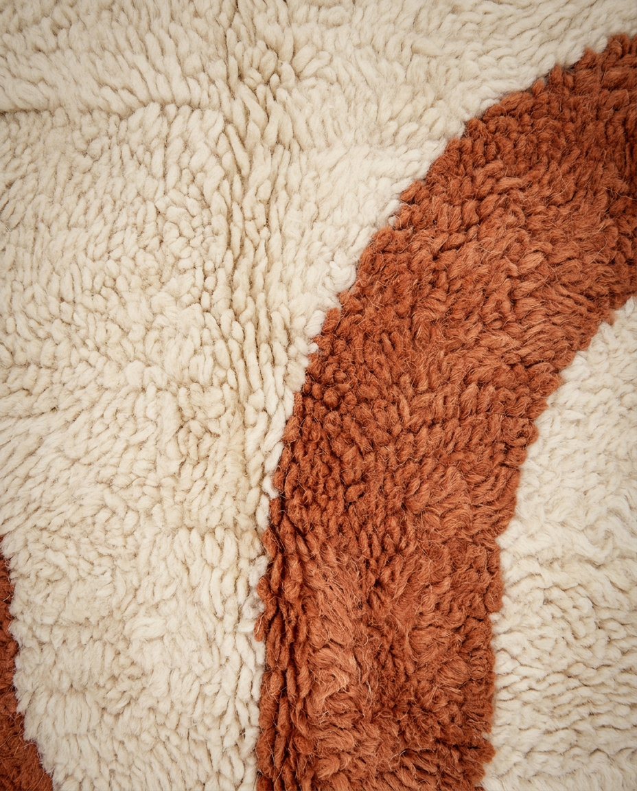 WIDAD Azilal cream organic abstract Moroccan rug close-up showing hand-knotted wool texture and pile detail, by NURA